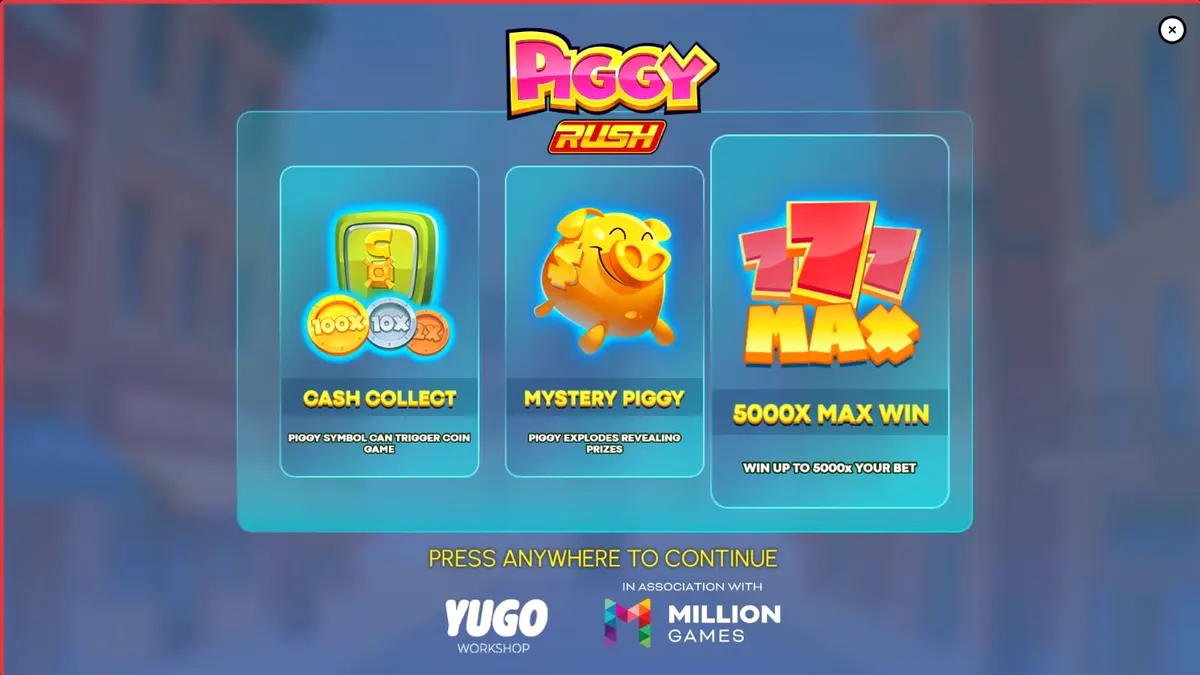 Interface do jogo de slot Piggy Rush com tema de fazenda e porquinhos