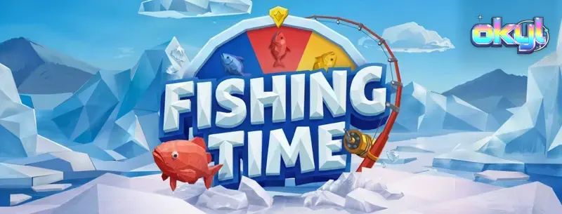 Interface de jogo do slot Fishing Time com tema de pesca no gelo